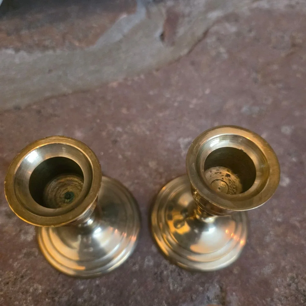 Vintage Solid Brass Candlestick Holders Pair 3 Inch Gold Taper Candle Stands MCM